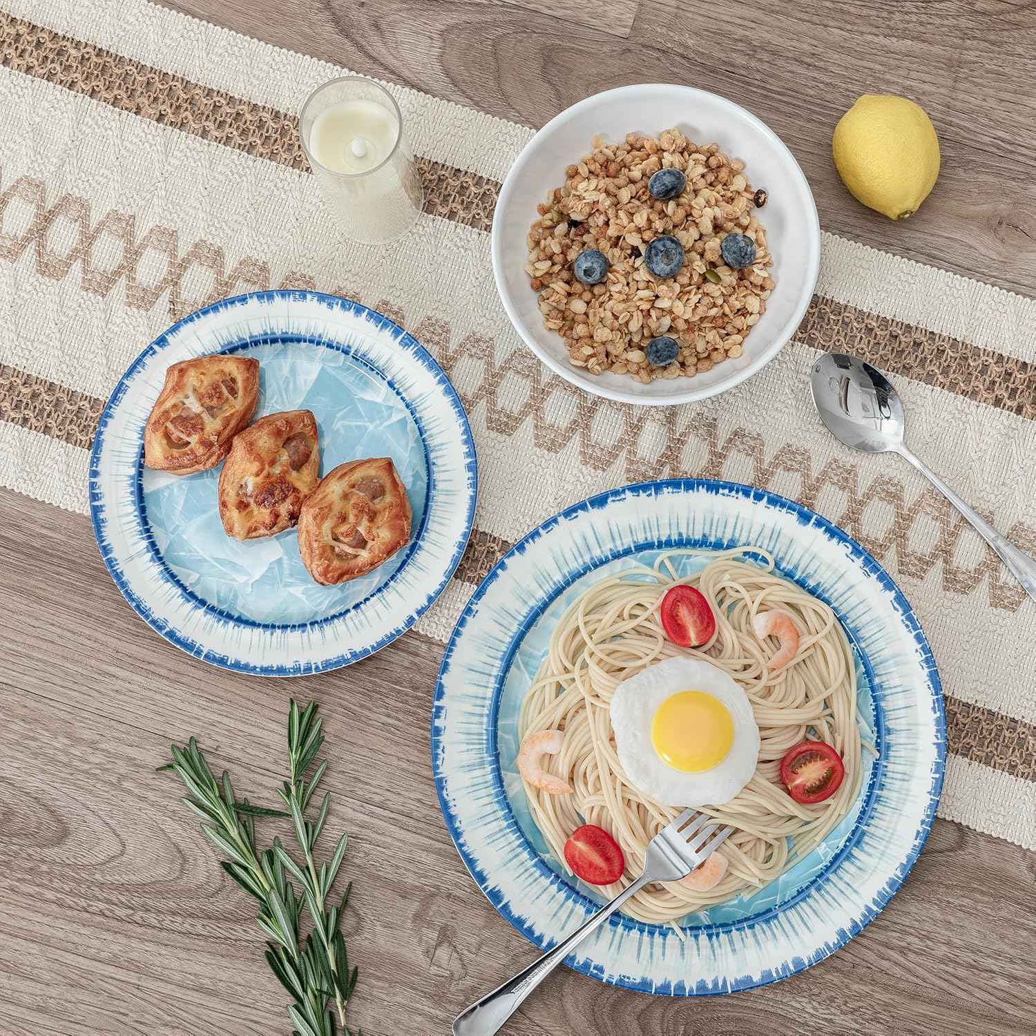 12 Piece Melamine Plates and Bowls Dinnerware Set, Lightweight Unbreakable Modern Dishes Set Great for Outdoor Camping & Everyday Use, Service for 4, BPA Free, Light Blue