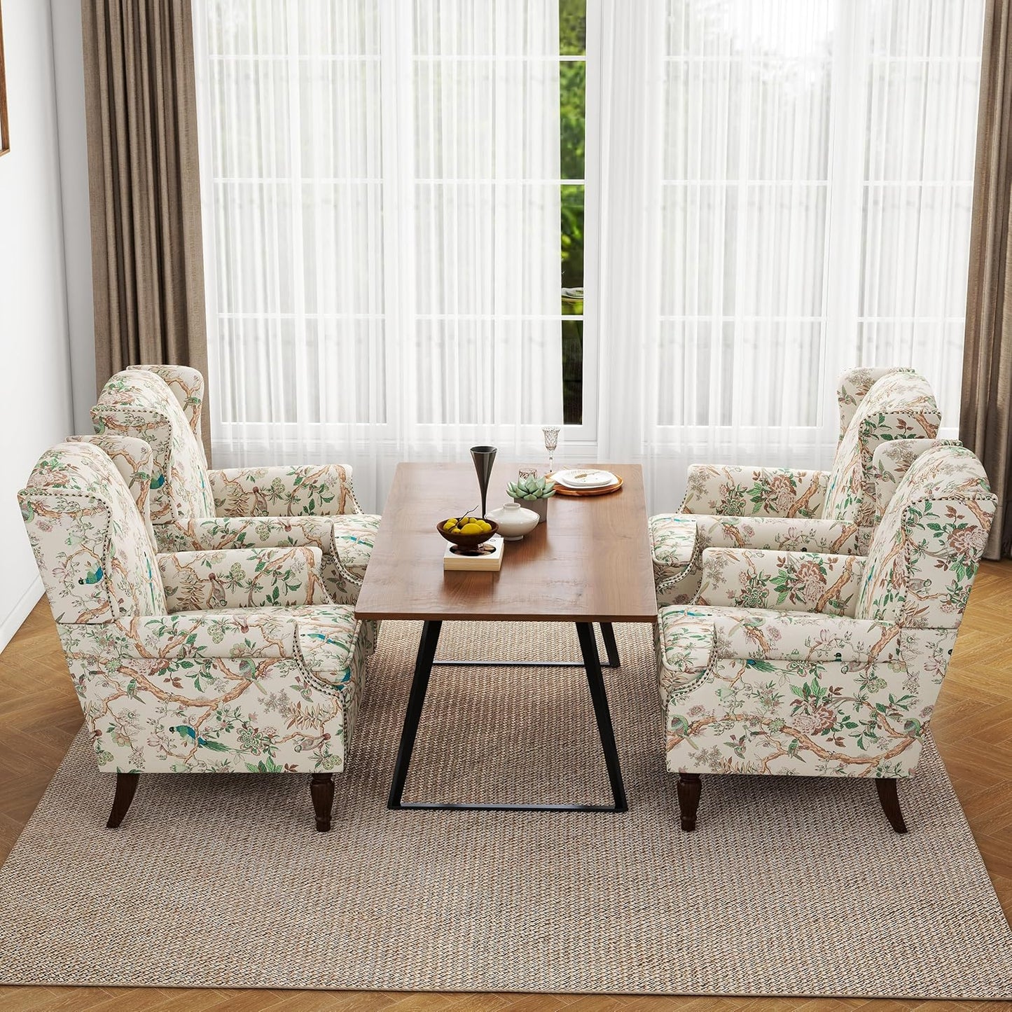 Floral High Back Accent Chair, Upholstered Armchair with Solid Wood Legs, Comfy Wingback Reading Single Sofa Chair for Small Spaces, Living Room, Bedroom(Floral Bird, Set of 1)