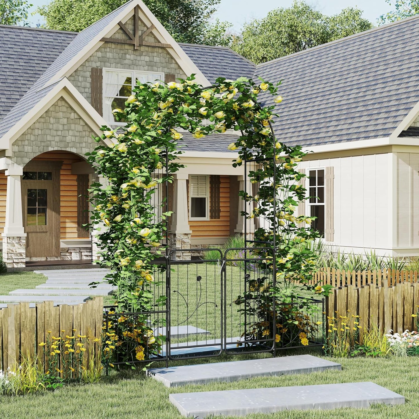 86.6" H Metal Garden Arbor with Gate & Planter Boxes, Black Arch Trellis for Climbing Plants Roses Vines, Outdoor Wedding Archway for Lawn Patio Backyard