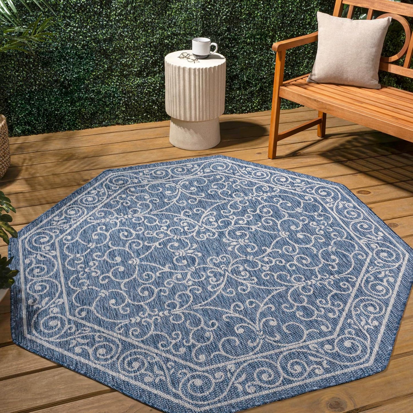JONATHAN Y Vintage Filigree Indoor Outdoor Octagon Area Rug 5 Ft Navy/Gray, Charleston Textured Weave for Backyard, Patio, Porch, Easy-Cleaning, High Traffic, Pet-Friendly, Non-Shedding SMB106D-5TGN