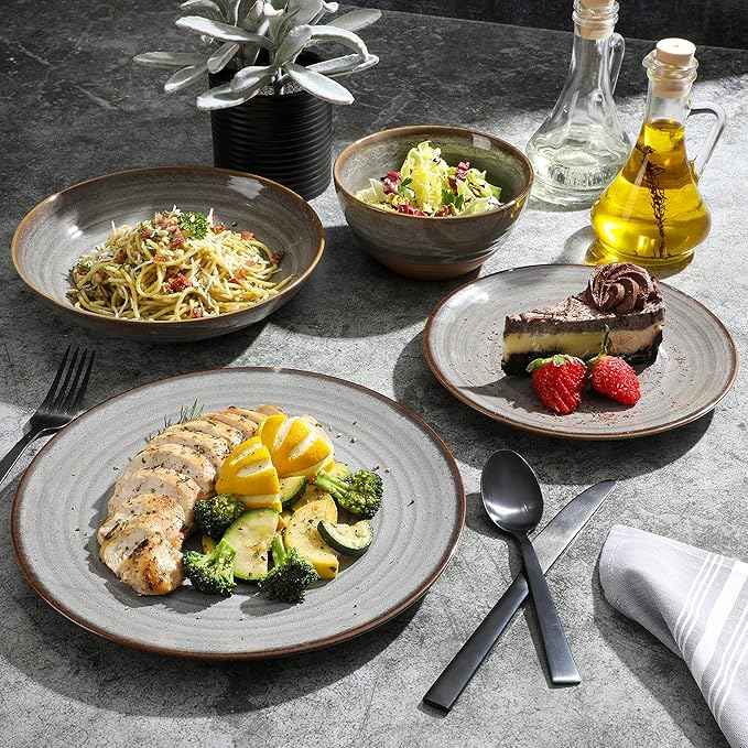 Gibson Elite Dreamweaver Double Bowl Terracotta Reactive Dinnerware Set - Grey, Service for 4 (16pcs)