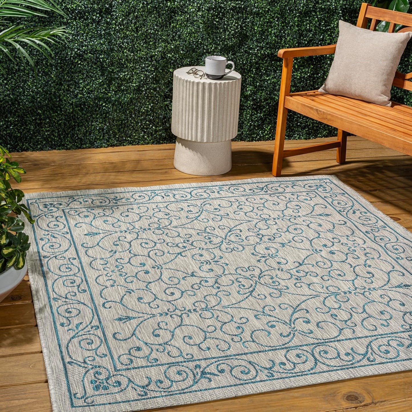 JONATHAN Y Vintage Filigree Indoor Outdoor Square Area Rug 9X9 Gray/Teal, Charleston Textured Weave for Backyard, Patio, Porch, Easy-Cleaning, High Traffic, Pet-Friendly, Non-Shedding (SMB106E-9SQ)