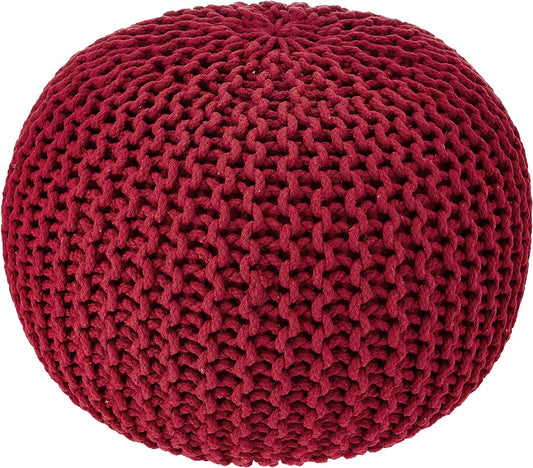 REDEARTH Round Pouf Ottoman - Hand Knitted Cable Boho Poof - Foot Stool Bean Bag - Home Décor Stuffed Footrest for Living Room - Nursery - Bedroom - 100% Cotton Poufs (19.5"x19.5"x14") - Red