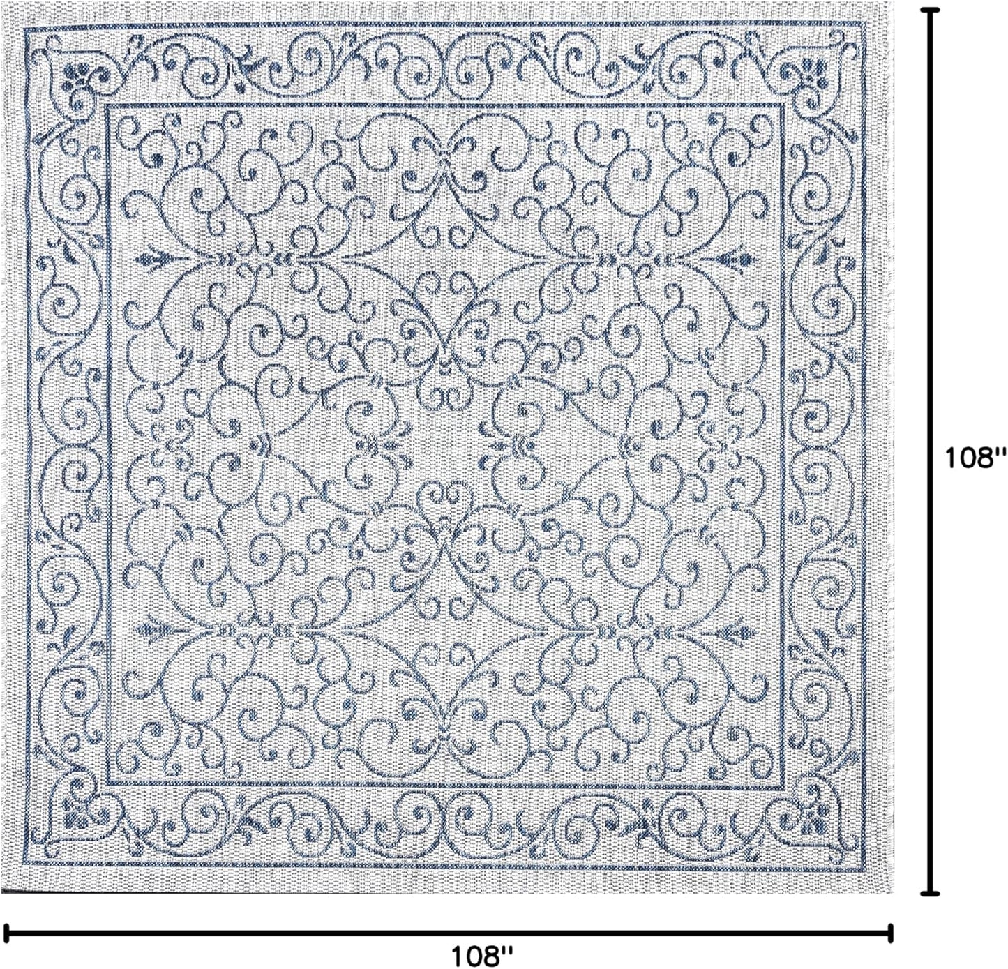 JONATHAN Y Vintage Filigree Indoor Outdoor Square Area Rug 9X9 Gray/Navy, Charleston Textured Weave for Backyard, Patio, Porch, Easy-Cleaning, High Traffic, Pet-Friendly, Non-Shedding (SMB106C-9SQ)
