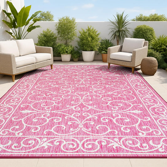 JONATHAN Y Vintage Filigree Indoor Outdoor Area Rug 3X5 Fuchsia/Light Gray, Charleston Textured Weave for Backyard, Patio, Porch, Easy-Cleaning, High Traffic, Pet-Friendly, Non-Shedding (SMB106J-3)