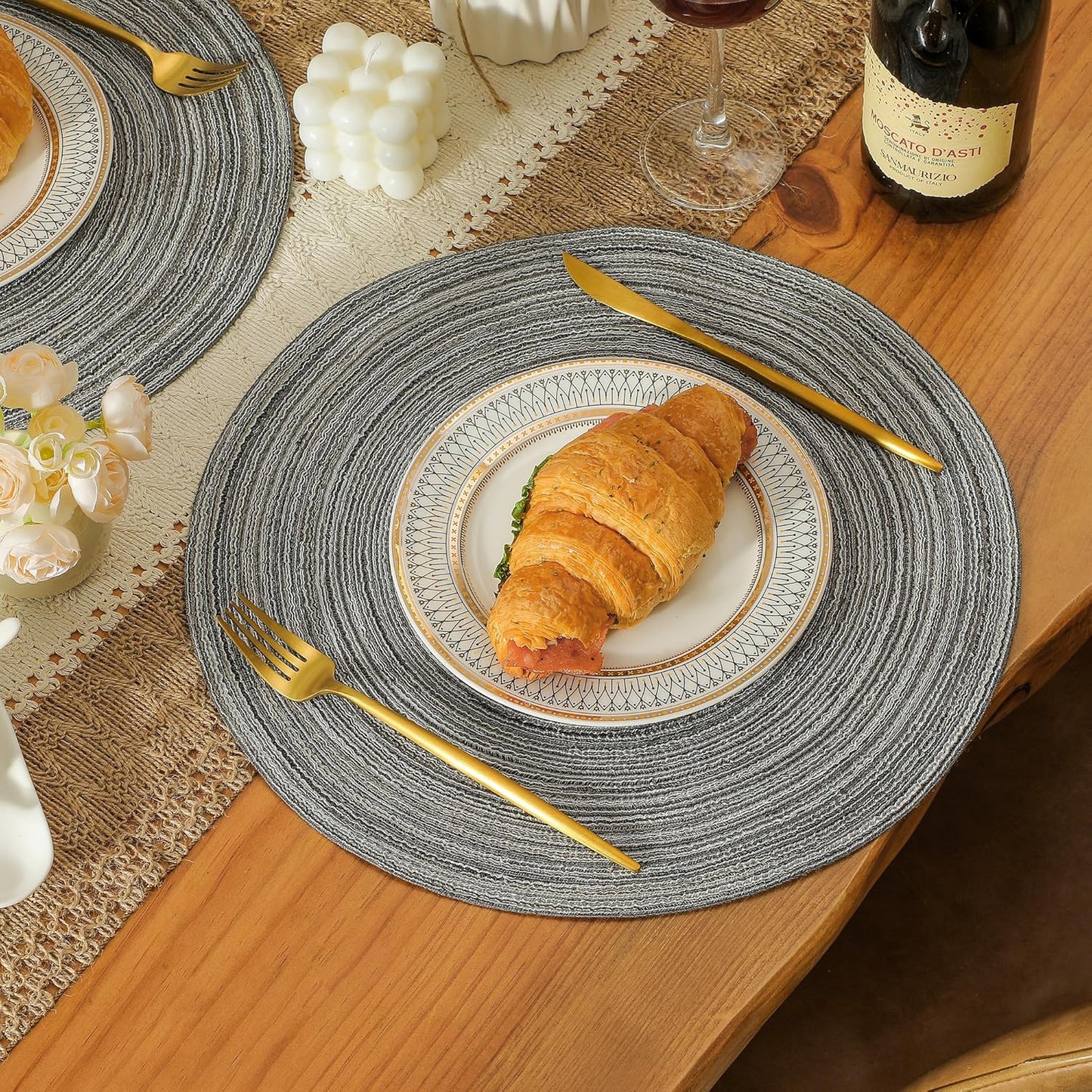 Leetaltree Round Placemats Heat and Slip Resistant Cotton Table Mats, Washable Bohemian Placemats for Dining Tables (Charcoal, Set of 12)