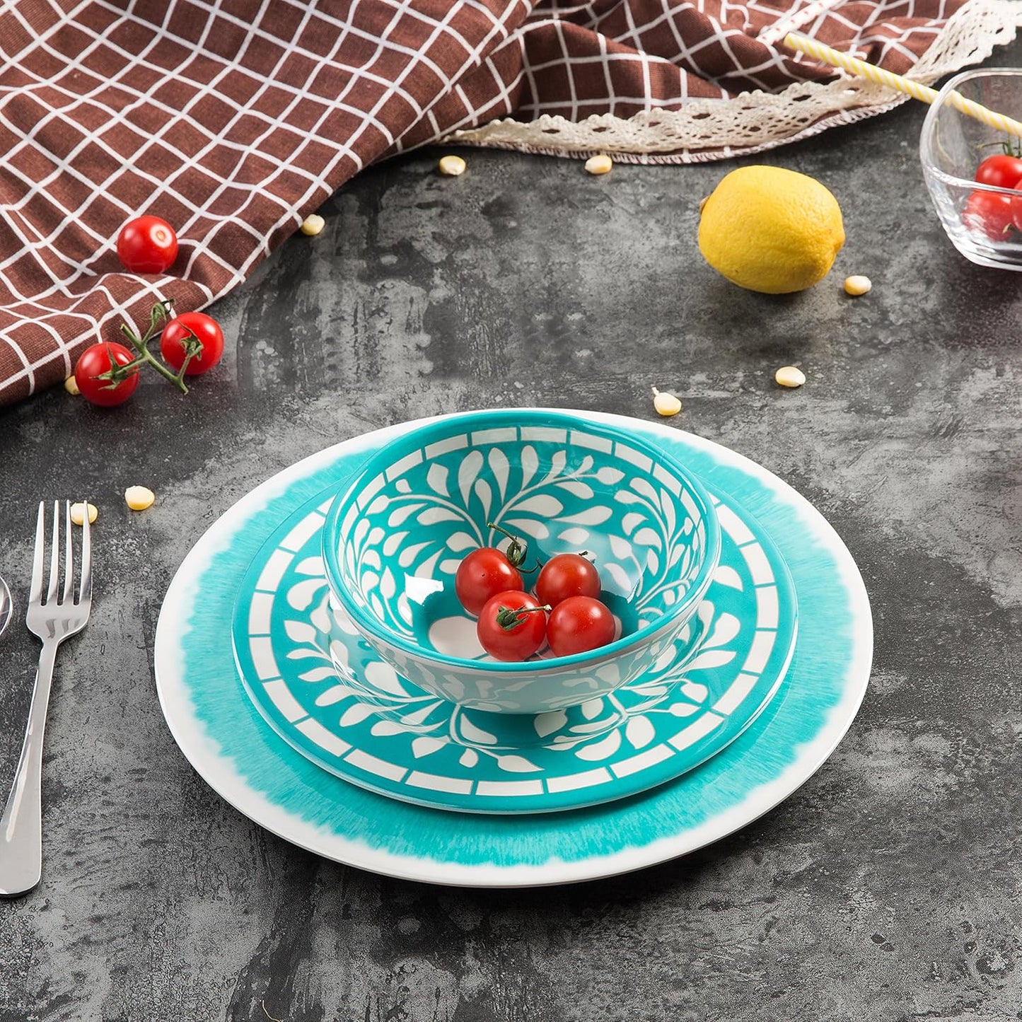 Melamine Dinnerware Sets -12 Piece Plates and Bowls Set for Indoor and Outdoor Use, Lightweight,Teal color,Green