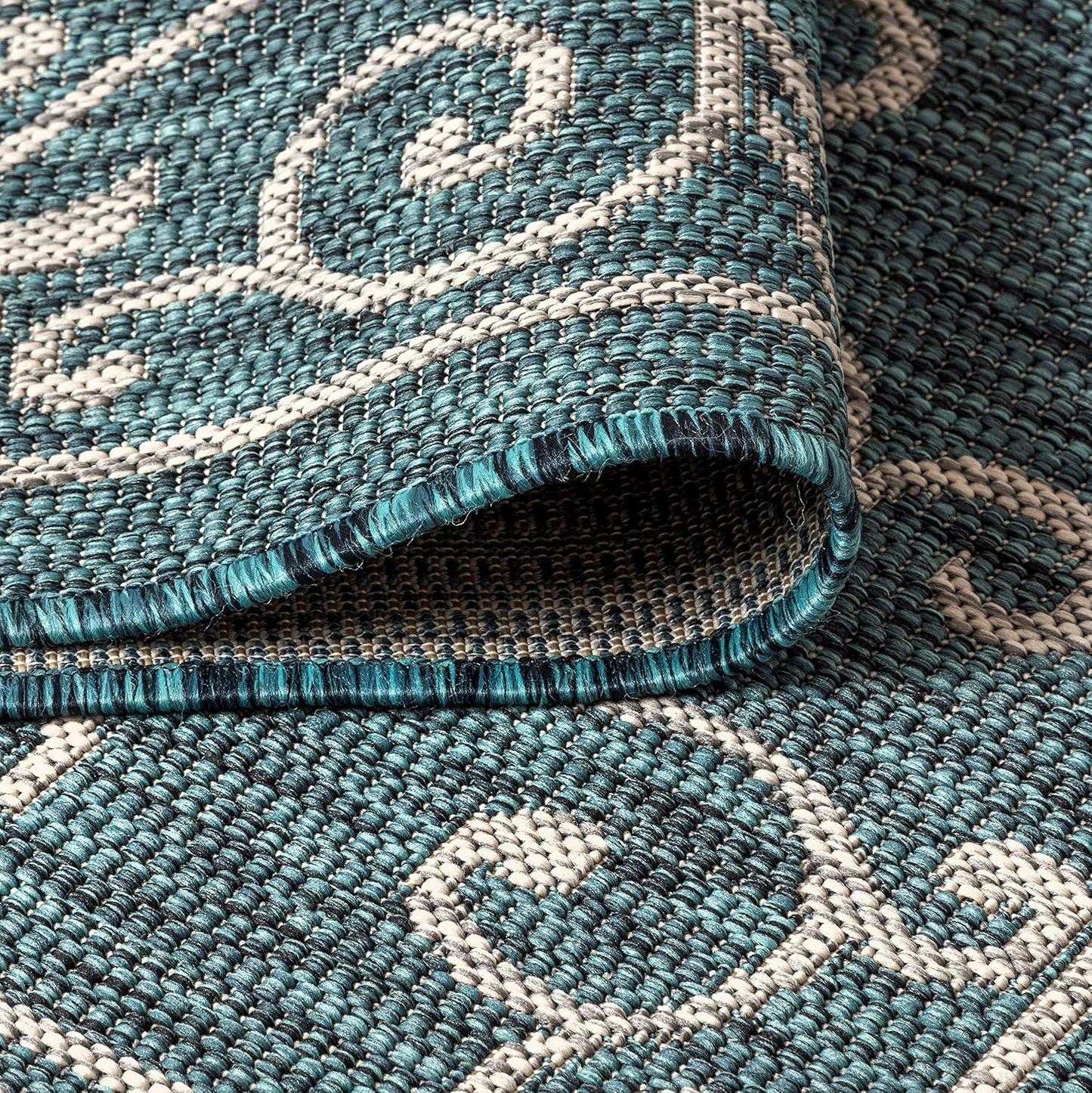 JONATHAN Y Vintage Filigree Indoor Outdoor Round Area Rug 8 Ft Teal/Gray, Charleston Textured Weave for Backyard, Patio, Porch, Easy-Cleaning, High Traffic, Pet-Friendly, Non-Shedding (SMB106F-8R)