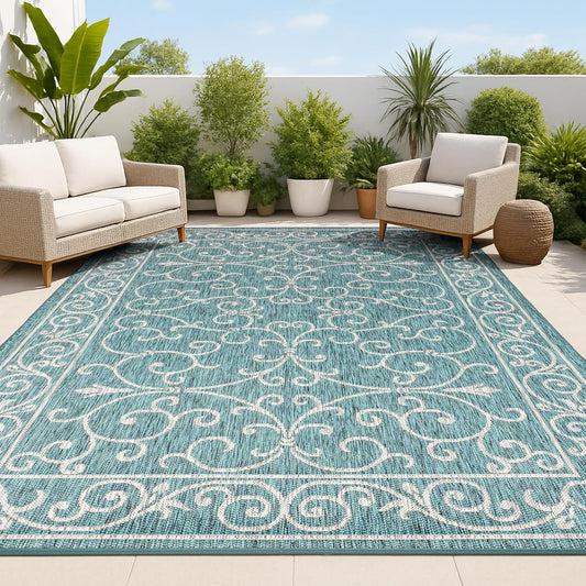 JONATHAN Y Vintage Filigree Indoor Outdoor Area Rug 3X5 Teal/Gray, Charleston Textured Weave for Backyard, Patio, Porch, Easy-Cleaning, High Traffic, Pet-Friendly, Non-Shedding (SMB106F-3)