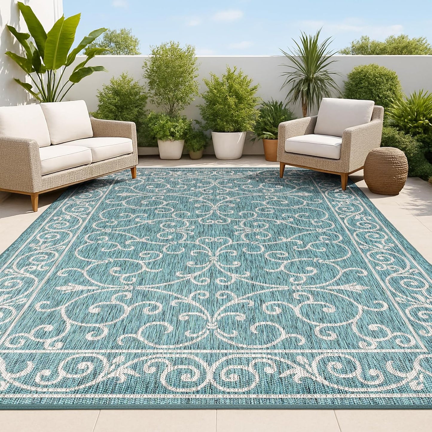 JONATHAN Y Vintage Filigree Indoor Outdoor Area Rug 4X6 Teal/Gray, Charleston Textured Weave for Backyard, Patio, Porch, Easy-Cleaning, High Traffic, Pet-Friendly, Non-Shedding (SMB106F-4)