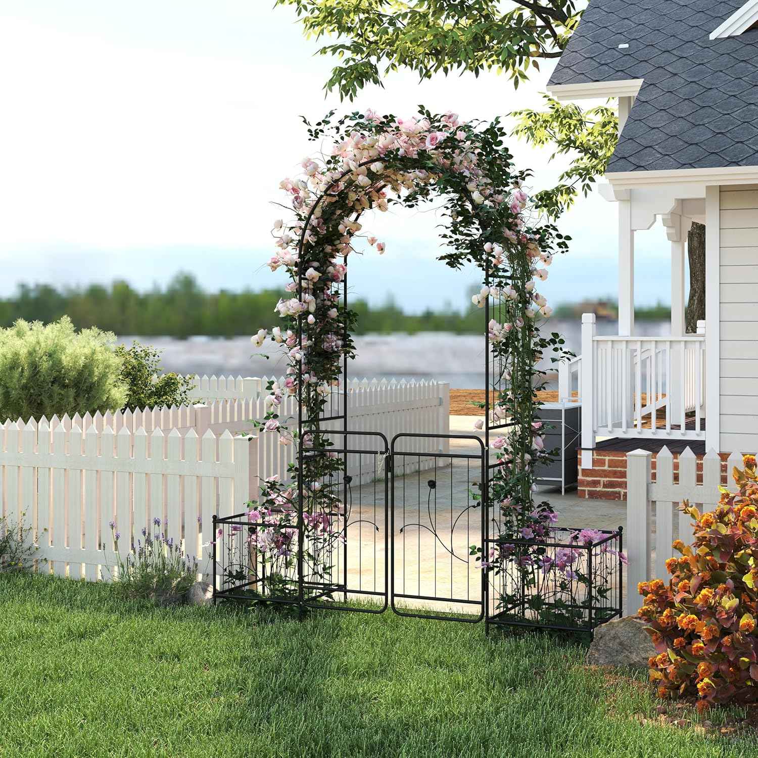 86.6" H Metal Garden Arbor with Gate & Planter Boxes, Black Arch Trellis for Climbing Plants Roses Vines, Outdoor Wedding Archway for Lawn Patio Backyard