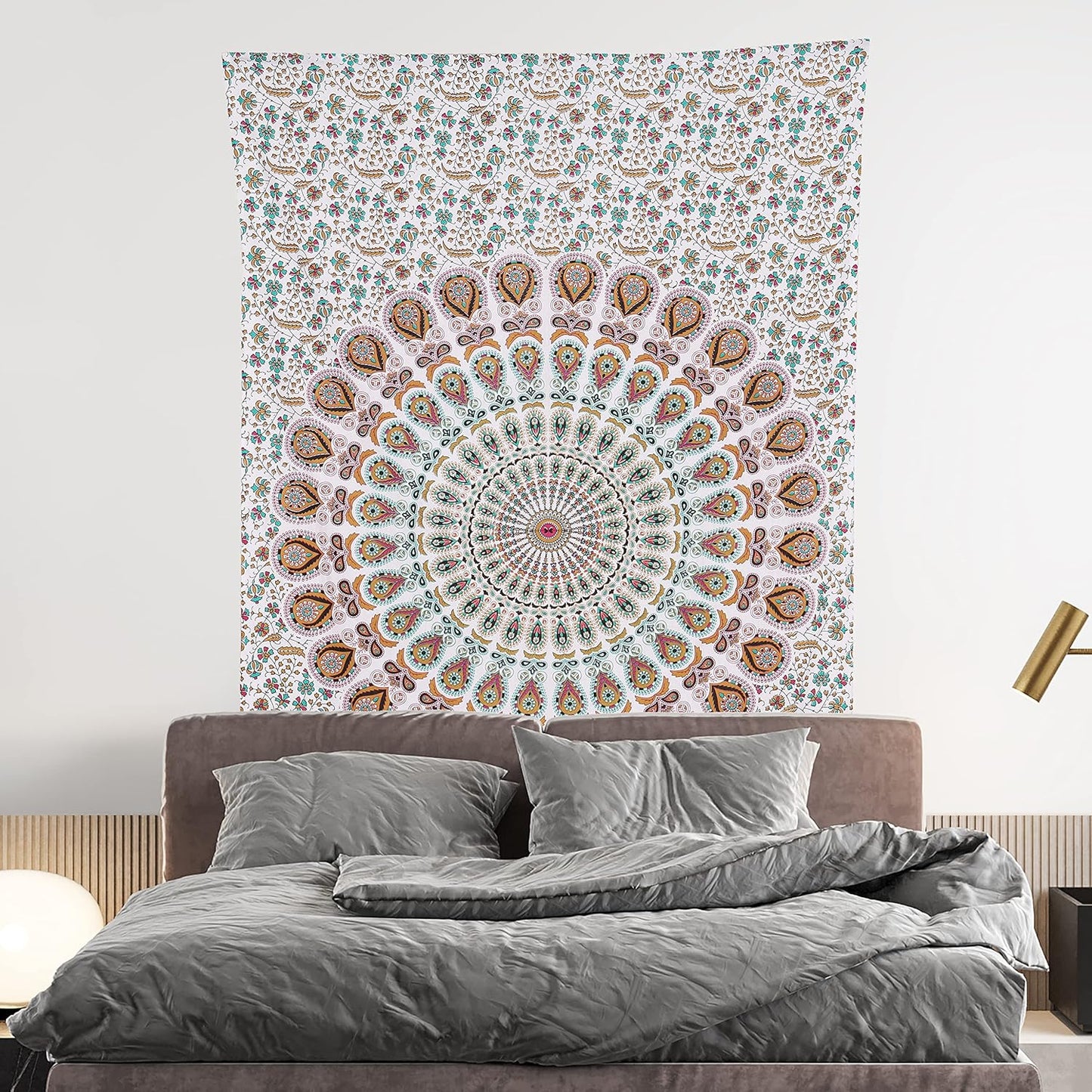Bless International Handmade Indian hippie Bohemian Psychedelic Peacock Mandala Wall hanging College Dorm Beach Throws Table Cloth Bedding Tapestry (Floral Gold, Medium(54x60Inches)(137x152cms))