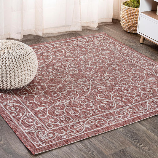 JONATHAN Y Vintage Filigree Indoor Outdoor Square Area Rug 6X6 Red/Beige, Charleston Textured Weave for Backyard, Patio, Porch, Easy-Cleaning, High Traffic, Pet-Friendly, Non-Shedding (SMB106B-6SQ)
