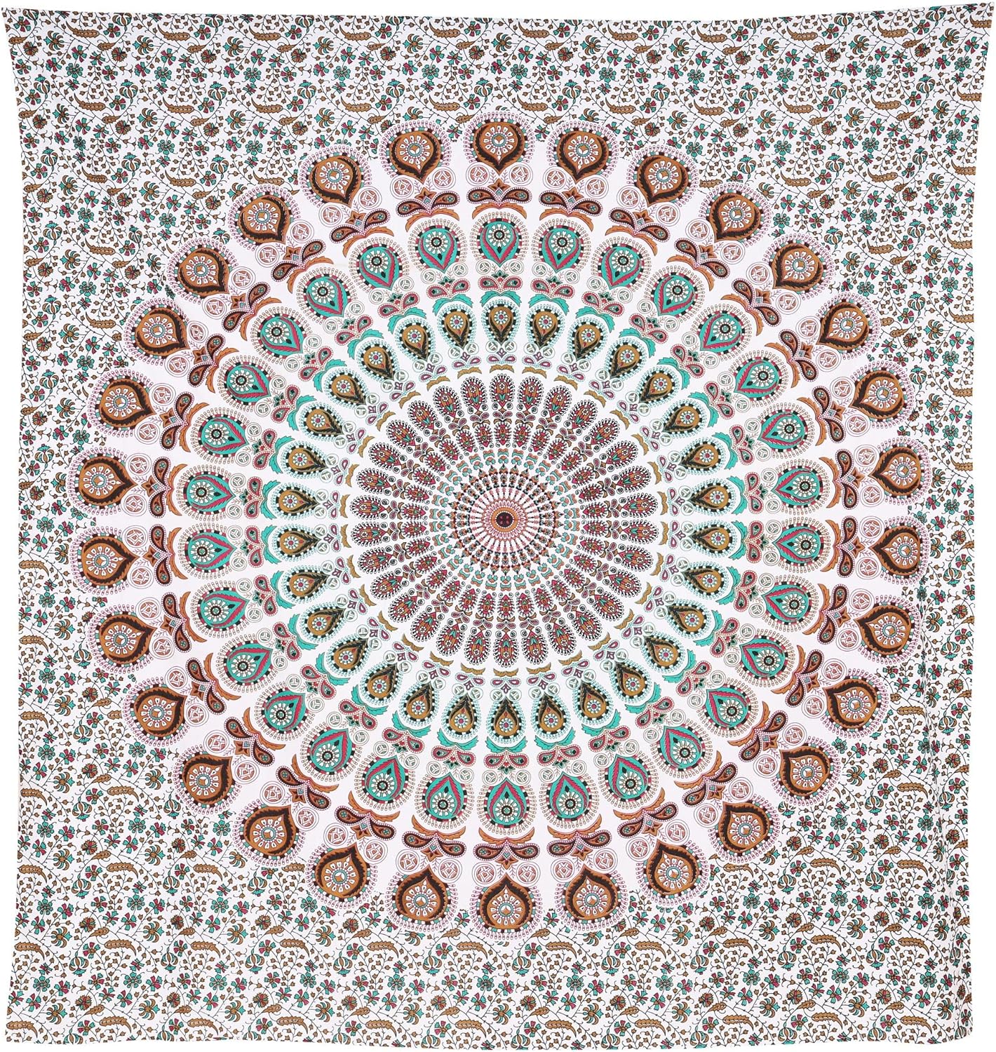 Bless International Handmade Indian hippie Bohemian Psychedelic Peacock Mandala Wall hanging College Dorm Beach Throws Table Cloth Bedding Tapestry (Floral Gold, King(88x104Inches)(225x265Cms))