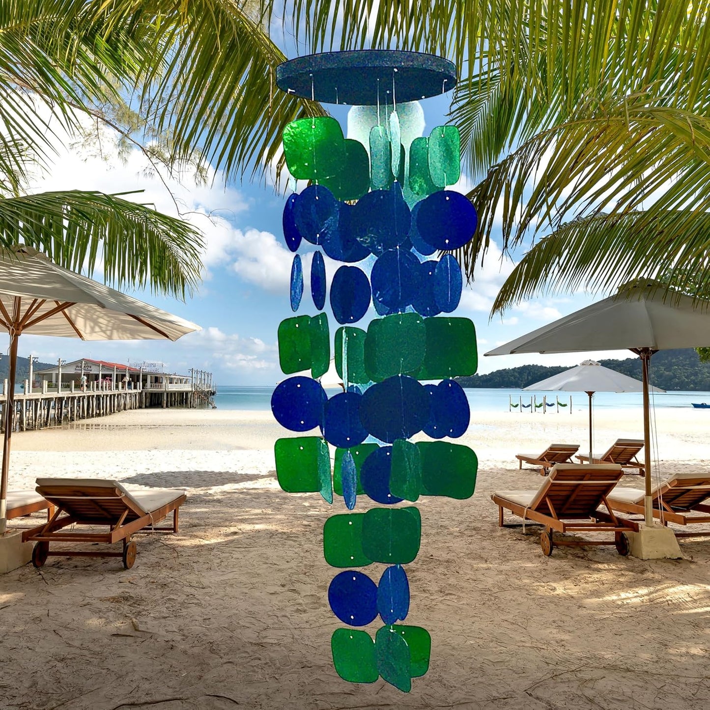 Bellaa 24858 Wind Chimes Outdoor, Garden Decorations, Musical, Indoor/Outside Windchimes, Beach, Ocean Breeze, Gifts for Mom, Gift for All Occasions, Capiz Sea Glass Shells Wood 27 inch Green Blue