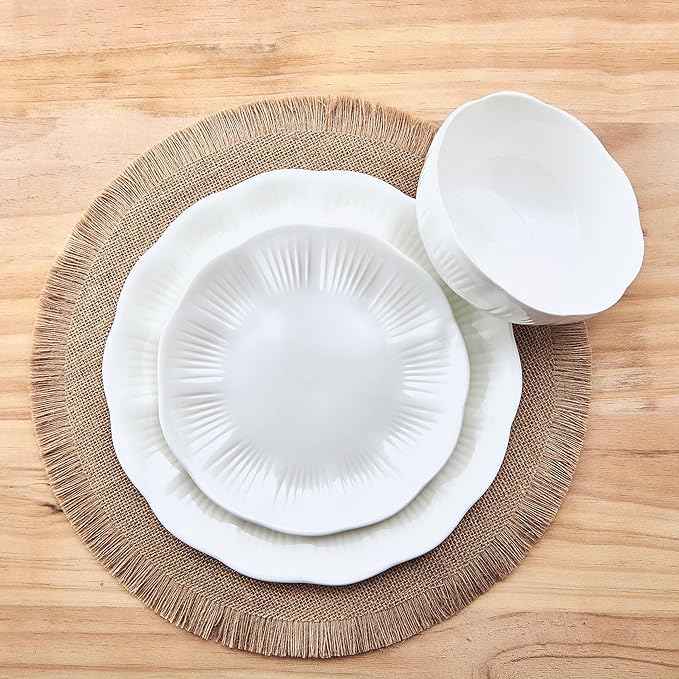 Mikasa Flora Scalloped Lightweight Chip Resistant Bone China 12 Piece Plate Bowl Dinnerware Set, Service for 4, White