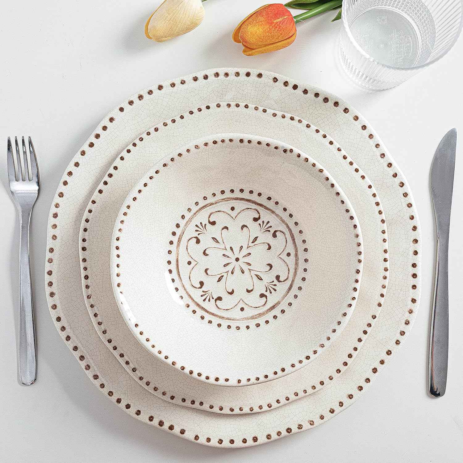 LEHAHA Beaded Crackle 12 Piece Melamine Camping Dinnerware Set, Plates and Bowls Sets, Indoor and Outdoor Use, Break-Resistant Rustic RV Dishes Set, Service for 4(Ivory)…