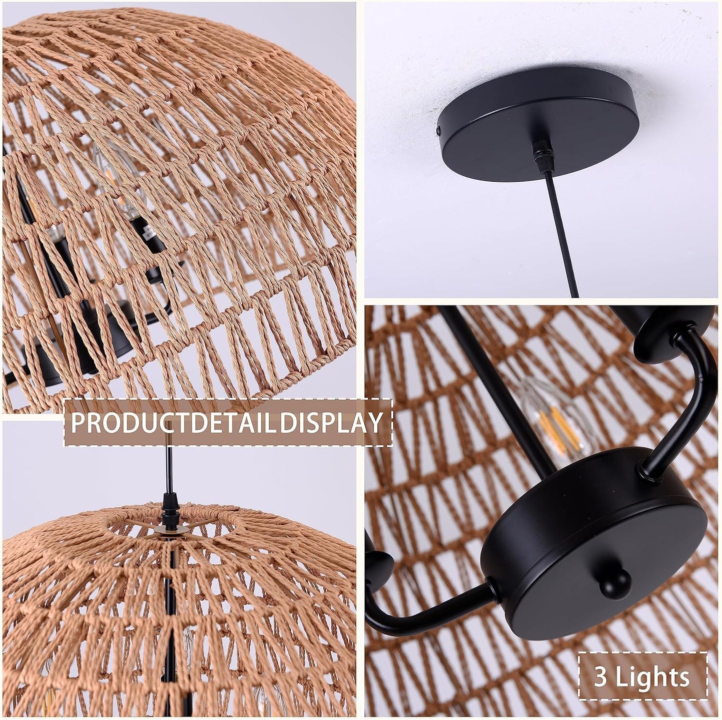 24" Brown Woven Pendant Light Boho Chandelier Dome Rustic Farmhouse Chandelier Wicker Pendant Light Rattan Light Fixture for Dining Room Living Room Bedroom Kitchen Island Foyer(Bulb Incl)