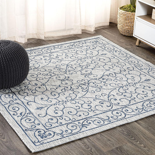 JONATHAN Y Vintage Filigree Indoor Outdoor Square Area Rug 8X8 Gray/Navy, Charleston Textured Weave for Backyard, Patio, Porch, Easy-Cleaning, High Traffic, Pet-Friendly, Non-Shedding (SMB106C-8SQ)