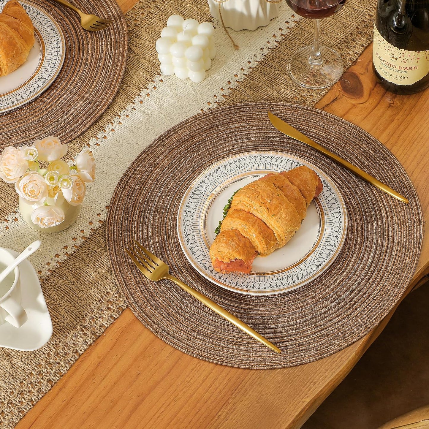 Leetaltree Round Placemats Heat and Slip Resistant Cotton Table Mats, Washable Bohemian Placemats for Dining Tables (Brown, Set of 6)