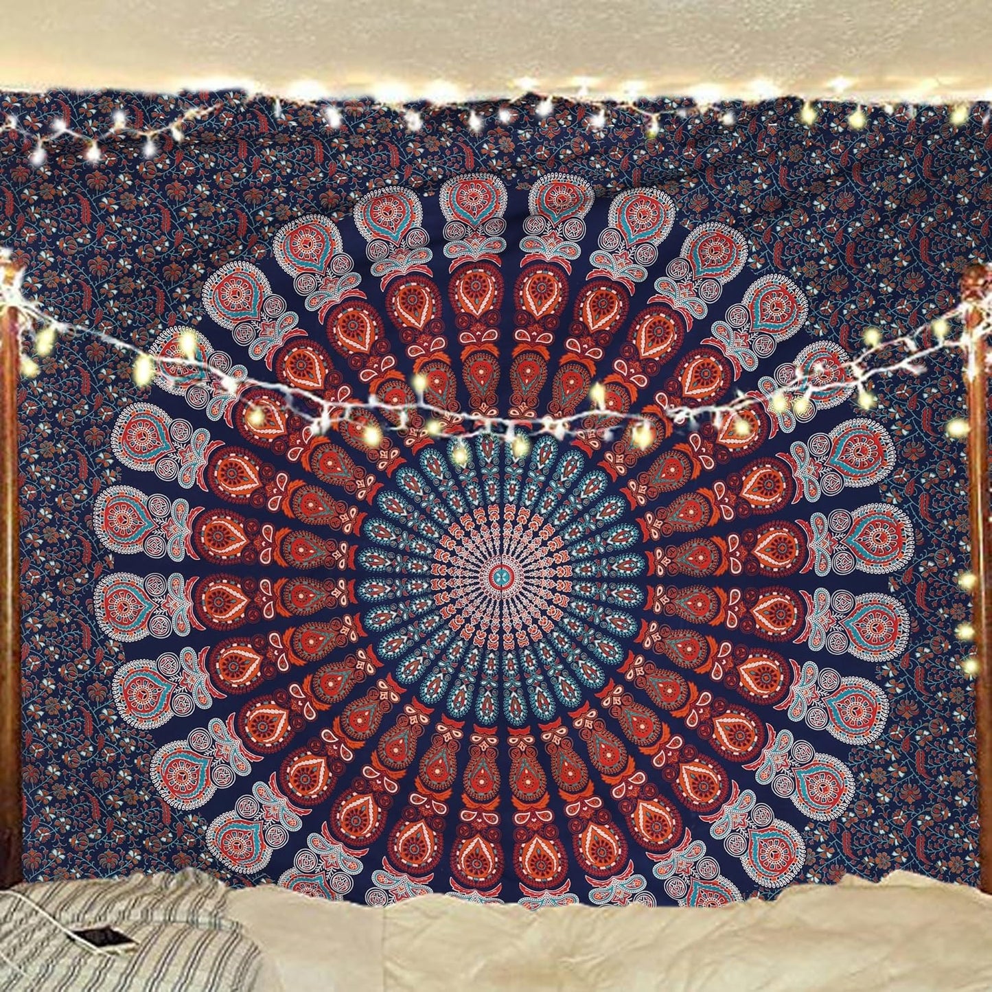 Bless International Handmade Indian hippie Bohemian Psychedelic Peacock Mandala Wall hanging College Dorm Beach Throws Table Cloth Bedding Tapestry (Golden Blue White, King(88x104Inches)(225x265Cms))