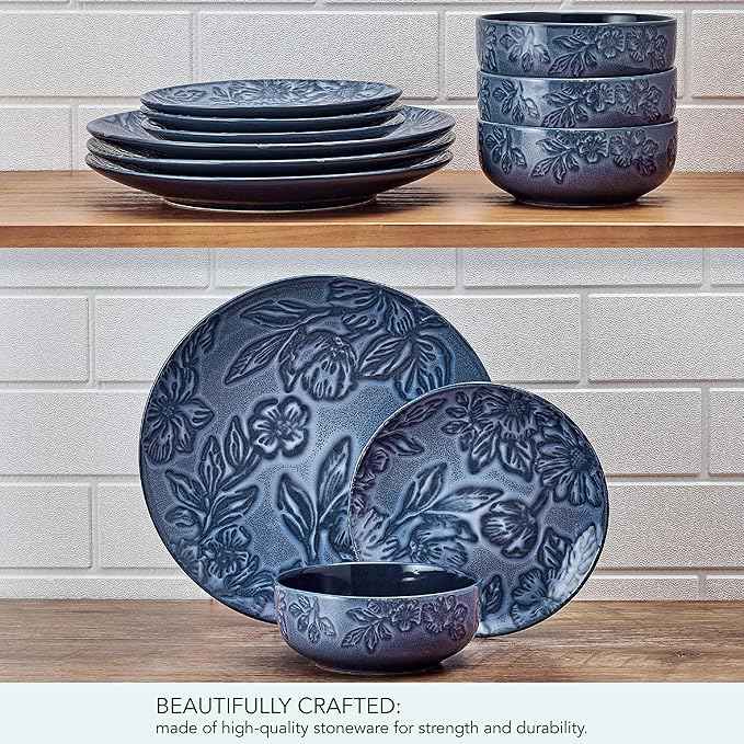 Paltzgraff Garden Elegance 12 Piece Floral Stoneware Dinnerware Plate Bowl Dish Set, Service for 4, Blue