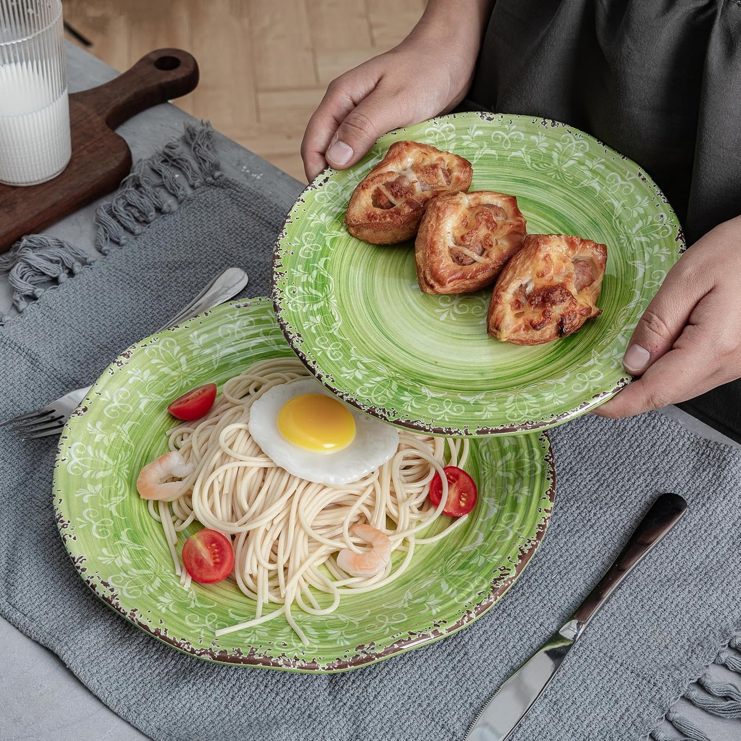 LEHAHA Unbreakable Melamine Dishes Dinnerware Sets, 12 Piece Luxury Thick but Lightweight Farmhouse Plates and Bowls Set for Spring Summer Picnic, RV, Camping & Everyday Use, Service for 4, Green