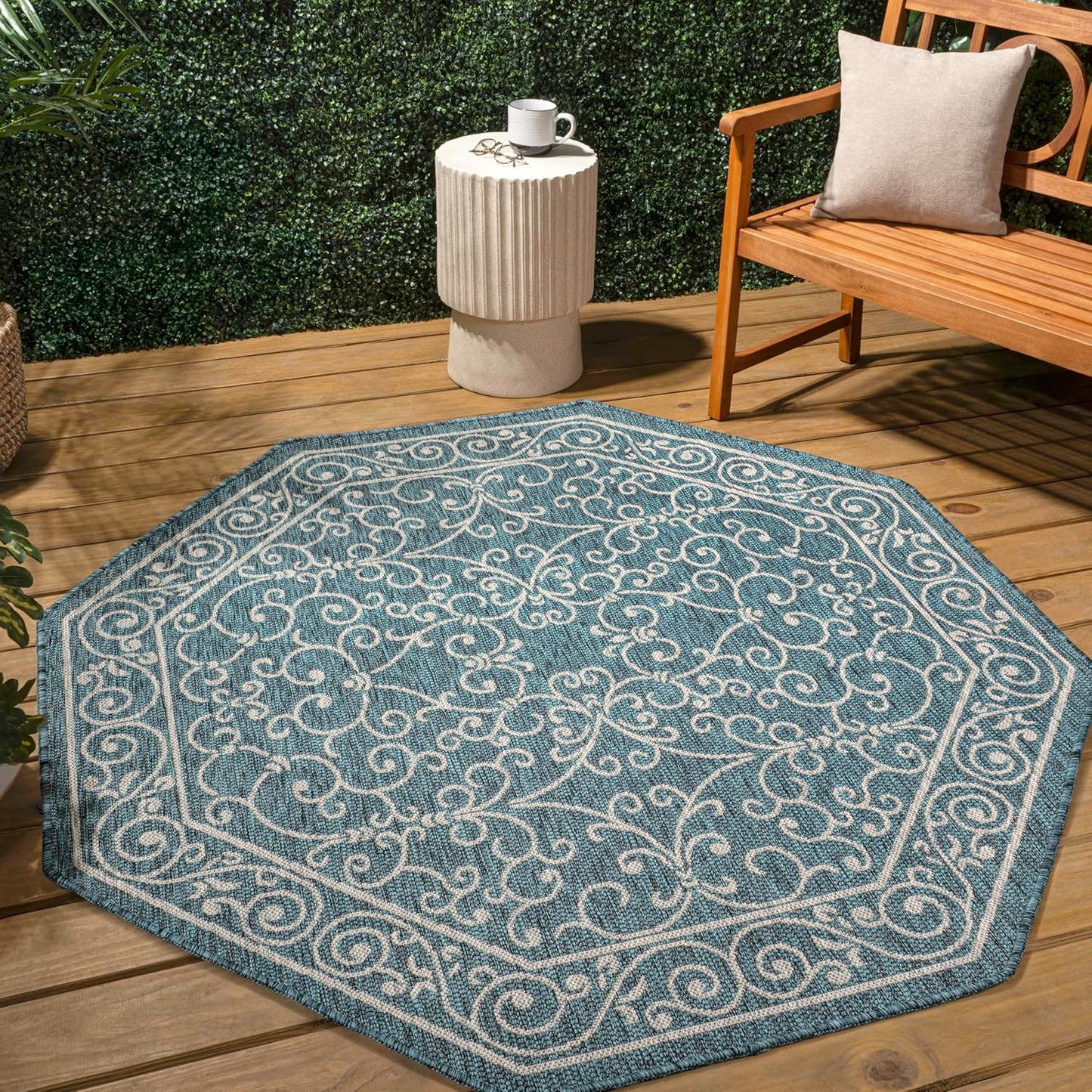 JONATHAN Y Vintage Filigree Indoor Outdoor Octagon Area Rug 5 Ft Teal/Gray, Charleston Textured Weave for Backyard, Patio, Porch, Easy-Cleaning, High Traffic, Pet-Friendly, Non-Shedding SMB106F-5TGN